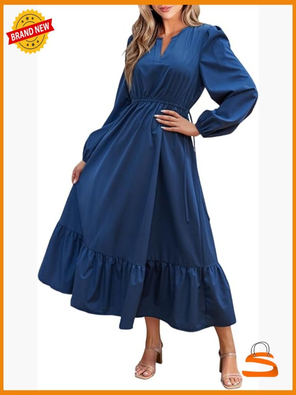 Long Sleeve V Neck Maxi Dress Flowy Tunic Waist Ruffled Hem Party
